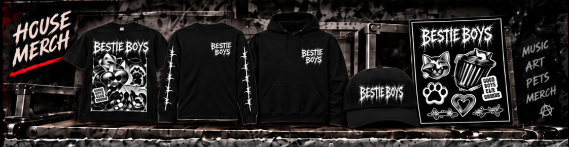 BestieBoys House Merch: tee, longsleeve, hoodie, cap and sticker sheet